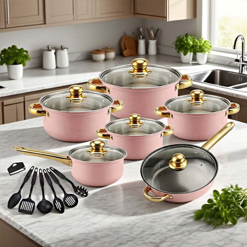 18pcs Pink Stainless Steel Cookware Set with Non-Stick Pans & Lids - Induction Compatible, Stackable Space-Saving Design, Golden-Toned Black Lids & Black Utensil-Friendly Sides, Heat-Resistant Durable 410 Stainless Steel Cons