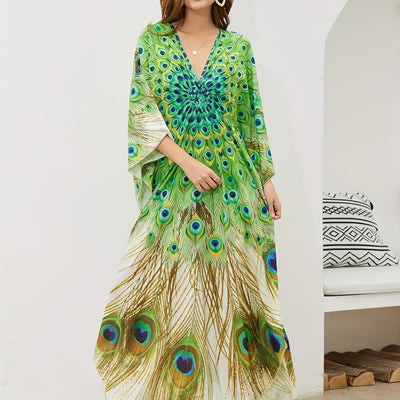 peocock printed women beach kaftans handmade waved maxi dresses bikini cover ups for swimwear bathing suits