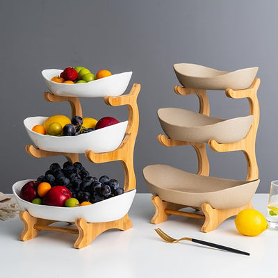 2/3-Tier Fruit Basket with Wooden Stand - Kitchen Organizer for Fruits & Vegetables,Home decor,fruit basket for kitchen counter,Large-Capacity Layered Fruit Basket,European-Style Dried Fruit Tray, Bamboo Wooden Rack Household