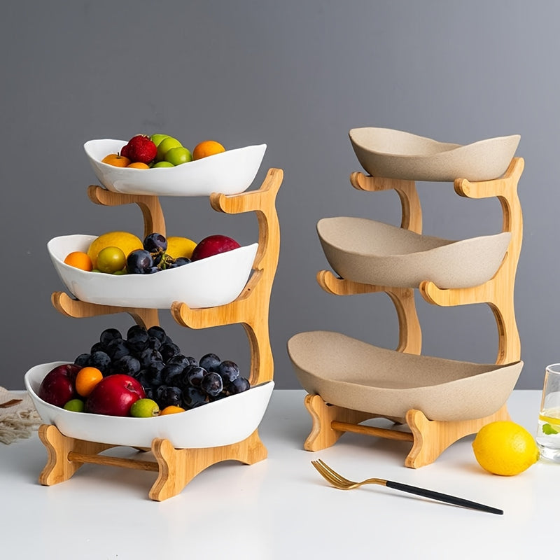2/3-Tier Fruit Basket with Wooden Stand - Kitchen Organizer for Fruits & Vegetables,Home decor,fruit basket for kitchen counter,Large-Capacity Layered Fruit Basket,European-Style Dried Fruit Tray, Bamboo Wooden Rack Household