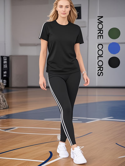 Women'S Casual Fashion Outdoor Sports Set, Double-Sided Striped Round Neck Short Sleeve Long Pants Two-Piece, Women'S Athletic Jogging