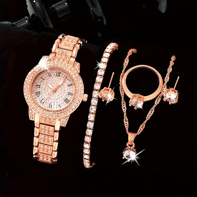 Women'S Watch Sets 6pcs Elegant Quartz Watch And Jewelry Set, Fashion Women'S Round Watch, Rhinestone Necklace, Earrings, Ring, Bracelet Set Suitable for Daily Wear And Best Holiday Gifts (No Box)