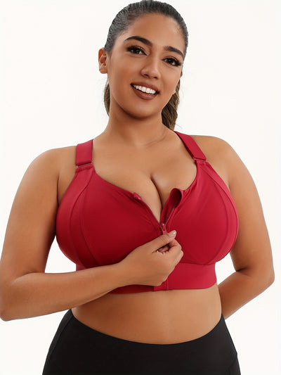 A Women'S Front-Zip Sports Bra, Featuring High Support And Plus Sizes, with Adjustable Straps, Suitable for Yoga, Fitness, And Workouts.