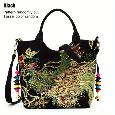 Wo 'S Embroidered Satchel Bag, Fashion Double Handle Purse, Retro Style Handbag with Removable Strap