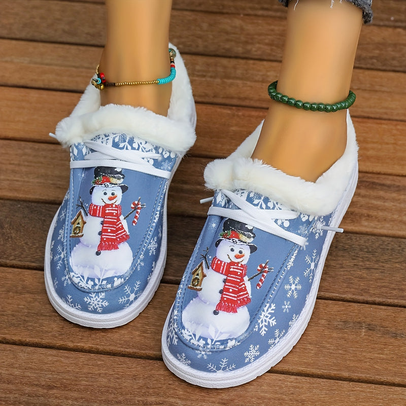 Vibrant Snowman Pattern Canvas Shoes - Lightweight, Low-Top, Plush Lined, Casual Lace-Up Sneakers for Women - Perfect for Outdoor Activities, Christmas Gift Idea, Comfortable and Breathable