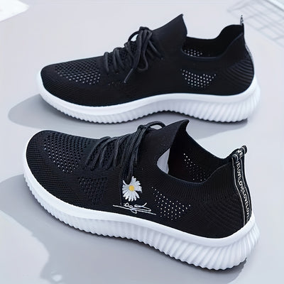 Women's Daisy Pattern Knitted Sneakers, Breathable Low Top Running & Tennis Trainers, Casual Gym Sports Shoes