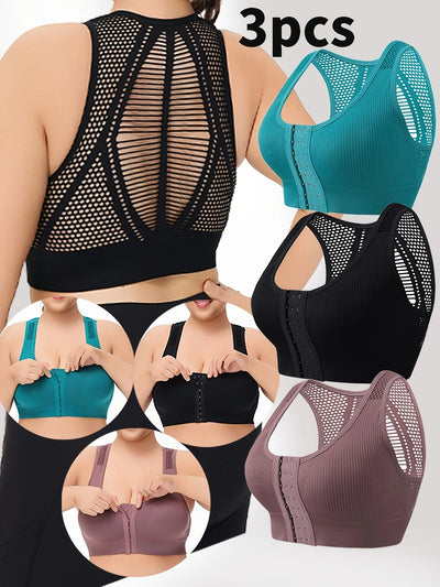 New Cross-Border Plus-Size Sports Bras with Breathable Mesh, Strong Support, Wire-Free, Seamless Design, Available in a Set of Three.