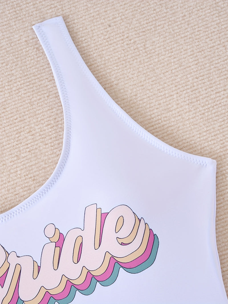 New One-Piece Swimsuit for Western Featuring Digital Print Cartoon Letters, Perfect for Beach Sports.