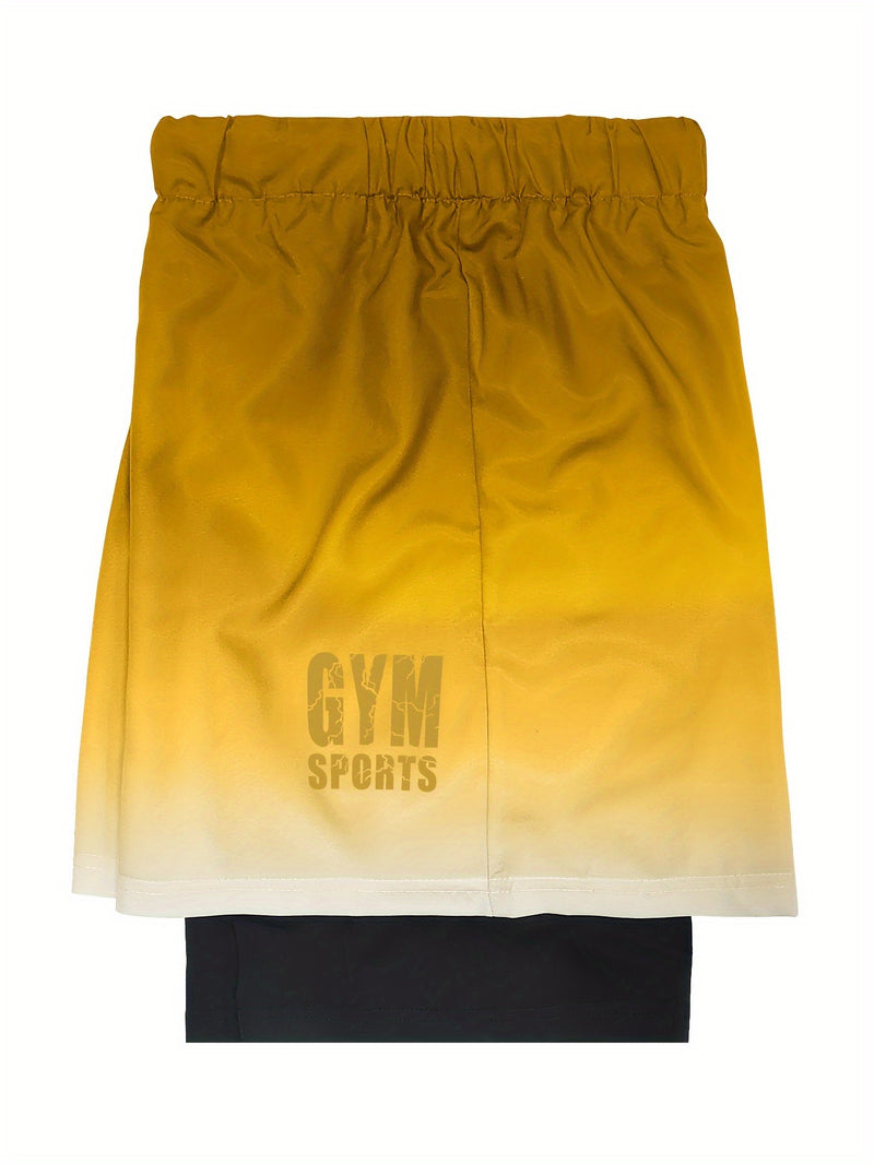 2-in-1 Double Layer Ombre Shorts - High Stretch, Drawstring Waist, Side Pocket, Breathable, Quick-Drying, Comfortable, Mens Sports Shorts for Summer Gym Workout, Training, and Fitness - GYM Pattern Print, Bull Design