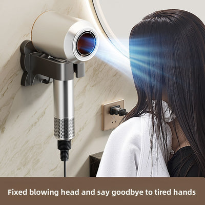 Space-Saving Wall-Mounted Hair Dryer Holder - No Drilling Required, Easy Installation, Compatible with Various Hair Dryer Models for Home & Bathroom Organization, Sleek Black Design with Metallic Accents, Durable Plastic Cons