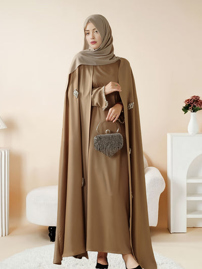 Women'S Elegant Muslim Abaya - Heavy Rhinestone-Embellished Long Sleeve Shawl Robe with Batwing Sleeves & Floor-Length Design, Loose Fit Islamic Dress for Ramadan, Prayer, Daily Wear - Modest Muslim Clothing (MOA067), Abaya F