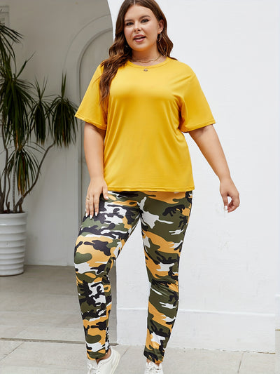 Plus Size Sports Outfit 2-pieces Set For Women, Digital Printing, Round Neck T-Shirt And Camouflage Pants, Comfortable And Versatile Wear