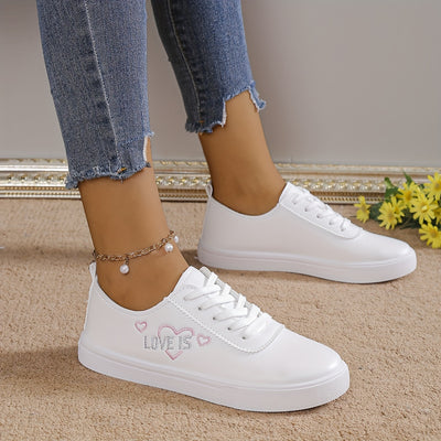 Women's Heart Pattern Sneakers, Casual Lace Up Outdoor Shoes, Comfortable Low Top Faux Leather Shoes