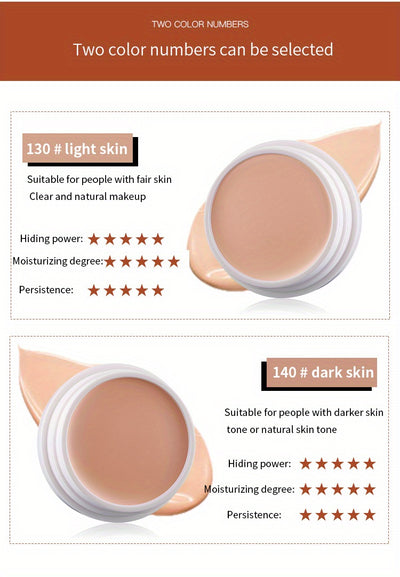 كريم إخفاء العيوب بتغطية عالية بلونين، إخفاء الهالات السوداء وعلامات حب الشباب والنمش والبقع، كريم أساس سائل مقاوم للماء يدوم طويلًا، يحتوي على سكوالين نباتي