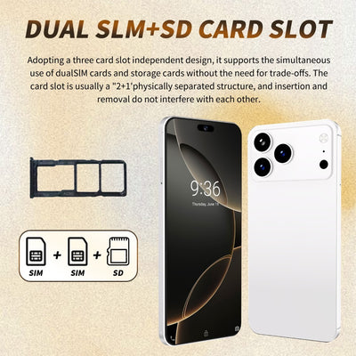 I17 Pro Max The global version of the smartphone, equipped with the Android 14 system, features a 6.8-inch high-definition screen, 12GB of RAM and 512GB of storage space, 72MP + 108MP cameras. It is a mobile smartphone.