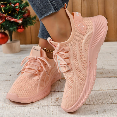 Women's Knitted Sports Shoes, Lightweight Lace Up Low Top Running & Tennis Sneakers, Breathable Gym Trainers for Holiday