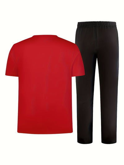 Men'S Casual Sports Two-Piece Set Short Sleeve Top Straight Leg Pants with Paris Print, Fashionable And Trendy, Ideal for Summer, Parties, Casual Outings, And Everyday Wear, Everyday Wear|Short Sleeve Top|Print Trousers