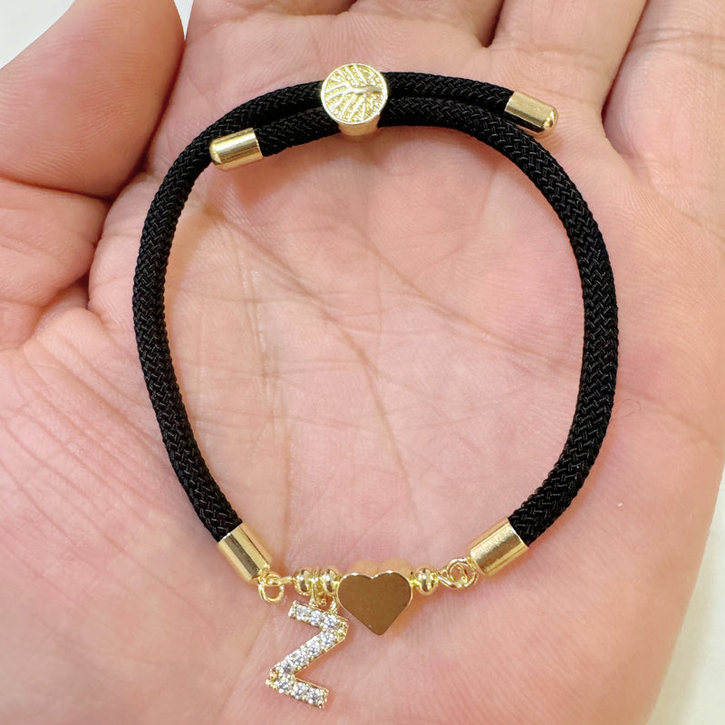 18K Golden Plated Heart Charm Bracelet with Synthetic Zirconia Letter Pendants A-Z, Simple Classic Black Polyester Cord, Adjustable for Daily Wear and Gift-Giving