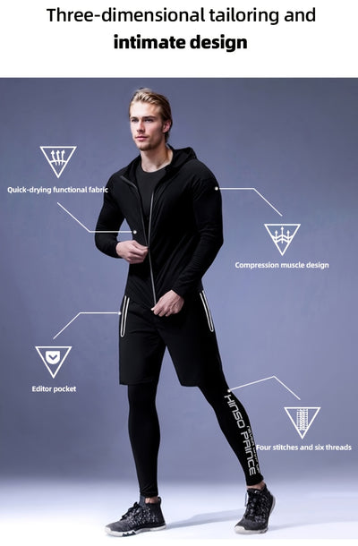 5pcs Men's Athletic Set - Polyester & Spandex Blend, High Stretch Knit Fabric, Hooded Zip-Up Jacket, Printed Sports Vest, Compression Long Sleeve Top, Shorts & Leggings for Running, Basketball, Training - Four Seasons Workout
