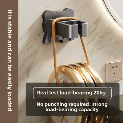 Space-Saving Wall-Mounted Hair Dryer Holder - No Drilling Required, Easy Installation, Compatible with Various Hair Dryer Models for Home & Bathroom Organization, Sleek Black Design with Metallic Accents, Durable Plastic Cons