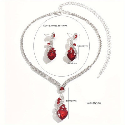 One Necklace + One Pair of Earrings Two-Piece Set Love Heart Necklace and Earrings Wedding Jewelry Suitable for Dress Banquet Wear