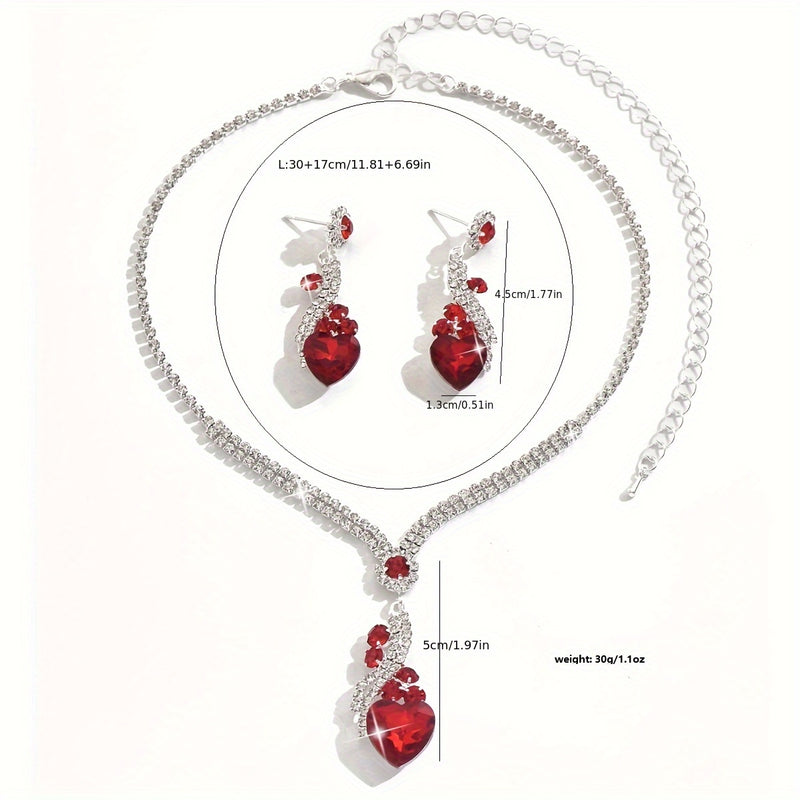One Necklace + One Pair of Earrings Two-Piece Set Love Heart Necklace and Earrings Wedding Jewelry Suitable for Dress Banquet Wear