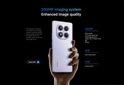 The Xiaomi Redmi Note 14 Pro Smartphone features a 6.67-inch AMOLED display with 120Hz refresh rate and 1080P resolution. It is powered by the Helio G100-Ultra Octa-Core processor and boasts a 200MP camera with OIS. The phone