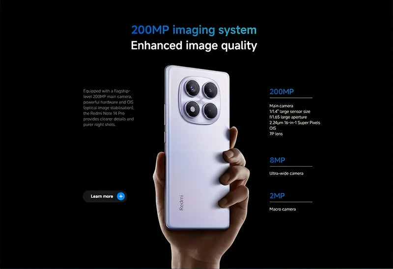 The Xiaomi Redmi Note 14 Pro Smartphone features a 6.67-inch AMOLED display with 120Hz refresh rate and 1080P resolution. It is powered by the Helio G100-Ultra Octa-Core processor and boasts a 200MP camera with OIS. The phone