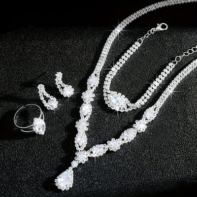 Luxurious and Exquisite High-end Sparkling Water Drop Necklace, Bracelet, Earrings and Ring Set for Bride's Wedding