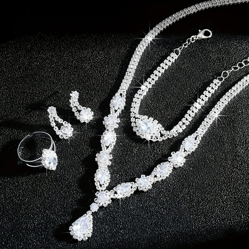 Luxurious and Exquisite High-end Sparkling Water Drop Necklace, Bracelet, Earrings and Ring Set for Bride&