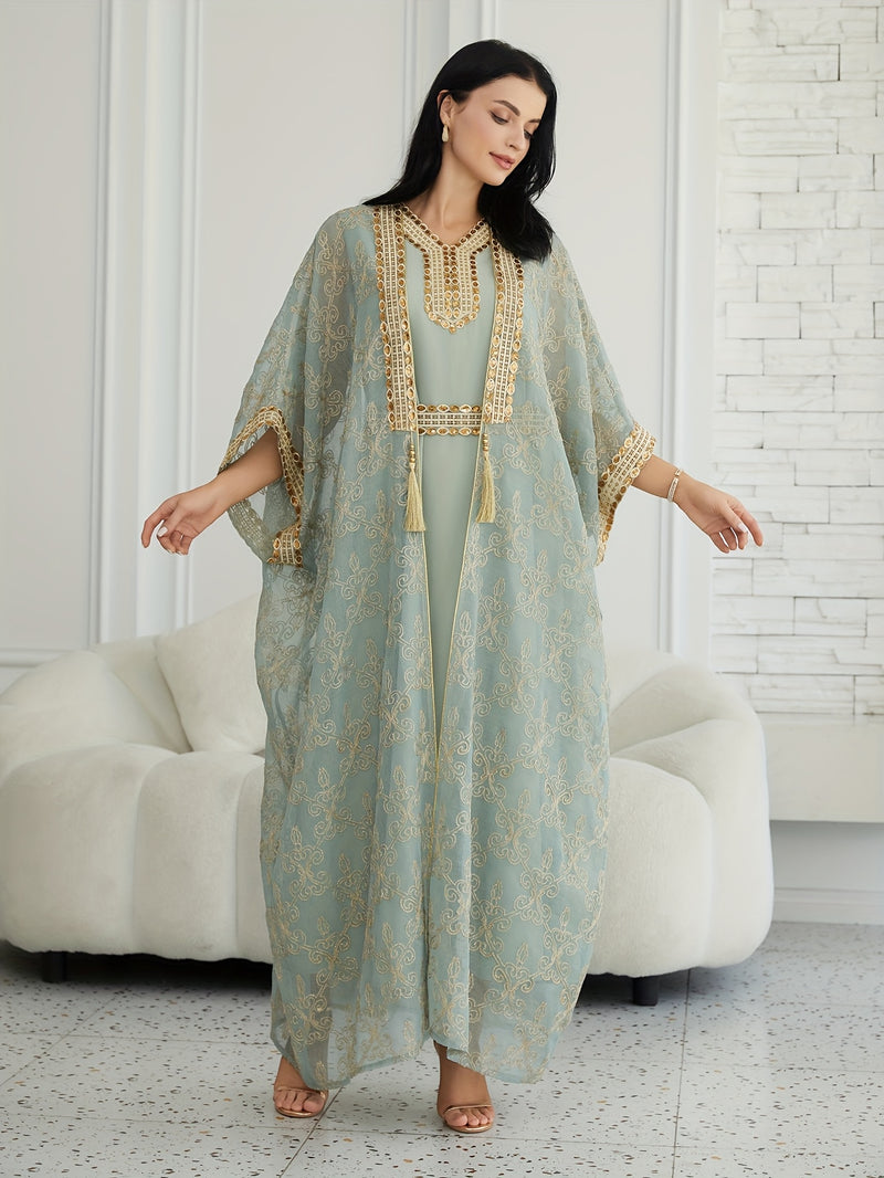Oriental Style Sequined Lace Two-Piece Mesh Abaya Dress for Women, Middle Eastern Traditional Long Robe