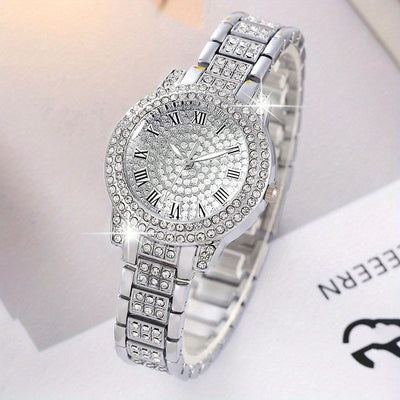 Women'S Watch Sets 6pcs Elegant Quartz Watch And Jewelry Set, Fashion Women'S Round Watch, Rhinestone Necklace, Earrings, Ring, Bracelet Set Suitable for Daily Wear And Best Holiday Gifts (No Box)