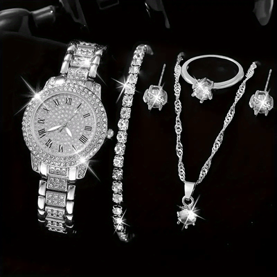 Women'S Watch Sets 6pcs Elegant Quartz Watch And Jewelry Set, Fashion Women'S Round Watch, Rhinestone Necklace, Earrings, Ring, Bracelet Set Suitable for Daily Wear And Best Holiday Gifts (No Box)
