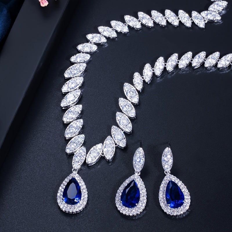 3pcs Elegant Teardrop Blue Jewelry Set Silvery Inlaid Synthetic Synthetic Zirconia Pendant Necklace Dangle Earrings Sets for Lady Girls Banquet Prom Wear