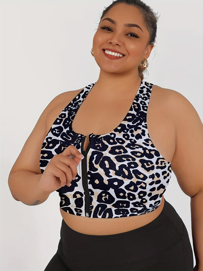 Women's High-Impact Sports Bra with Front Zipper & Removable Pads - Leopard Print Design, High-Elasticity Fabric, Round Neck for Yoga, Running, Gym - Machine Washable, Yoga Accessories, Elegant Sportswear, Durable Sportswear