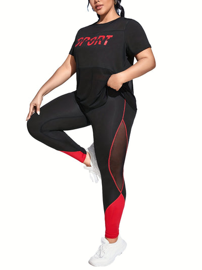 Plus Size Yoga Casual Sports Mesh Patchwork Logo Print Short Sleeve Set, Elegant Style, Crew Neck, High Stretch Fabric, All-Season Wear, with Butt Lifting and Comfortable Soft Compression Fit
