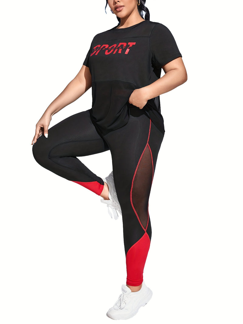 Plus Size Yoga Casual Sports Mesh Patchwork Logo Print Short Sleeve Set, Elegant Style, Crew Neck, High Stretch Fabric, All-Season Wear, with Butt Lifting and Comfortable Soft Compression Fit