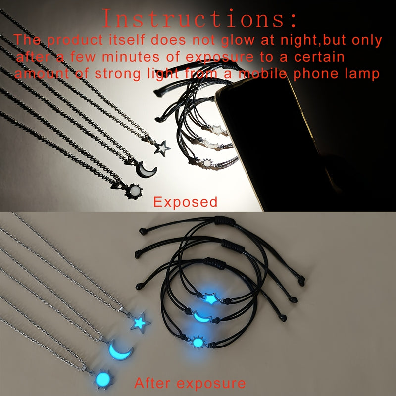6pcs/Set Glow-in-the-Dark Sun Moon Stars Necklace Handwoven Fashion Cord Set