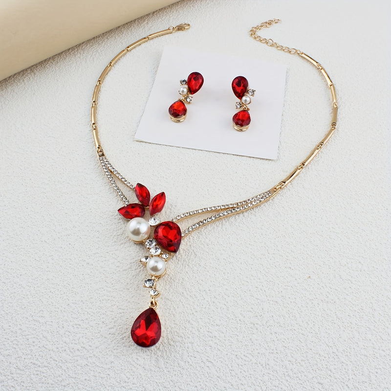 Elegant Golden-Tone Jewelry Set with Red Glass & Rhinestone - Includes Earrings, Necklace, Ring - Zinc Alloy, Sparkling Bridal & Party Accessories, Ideal for Weddings, Mother&