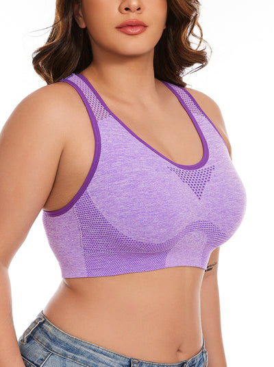 3pcs Plus Size Sports Bras, Polyamide Blend, Hollow Mesh Design, Low Support, Removable Padding, Crew Neck, Medium Stretch, Knit Fabric, with Casual Wear for Women'S Activewear