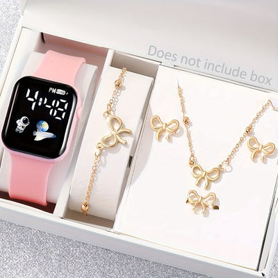 Girls' Cute Airplane Astronaut Digital with Glow-in-the-Dark Hands & Bow Tie Jewelry Set - Silicone Strap, Square Case, Non-Waterproof, Battery-Powered, Perfect For Spring Festival, Campus Events, And Casual Wear, Playful Des