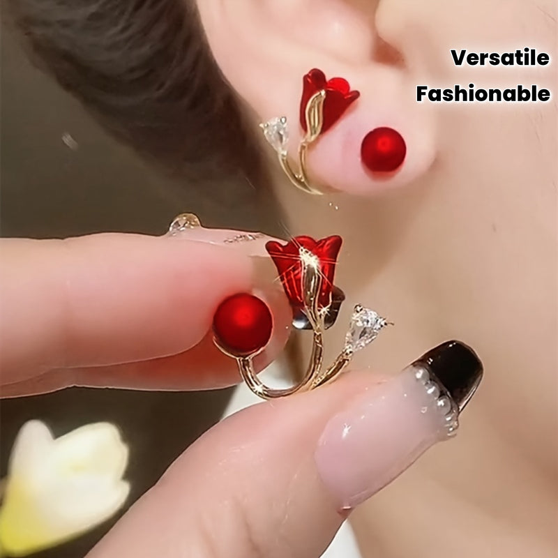 Elegant Tulip Flower Stud Earrings for Women - Fashionable and Sexy Glass-inlaid Alloy with Diverse Plating - Versatile for Daily and Party Wear - 1 Pair