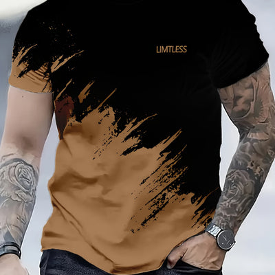 Men's Casual 3D Digital Print Short Sleeve T-Shirt - Black with Red & Gray Brush Stroke Design, Breathable Summer Tee, Regular Fit, Machine Washable, Casual Attire, Modern Textile Technology
