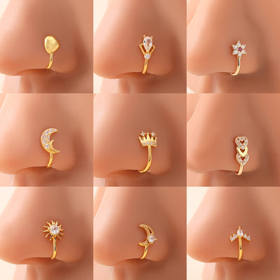 9pcs set of retro fashion bohemian copper inlaid synthetic Zirconia no-piercing love crown moon heart plum blossom sun shape U-shaped nose clip nose ring nose ornament for daily wear birthday party New Year gift