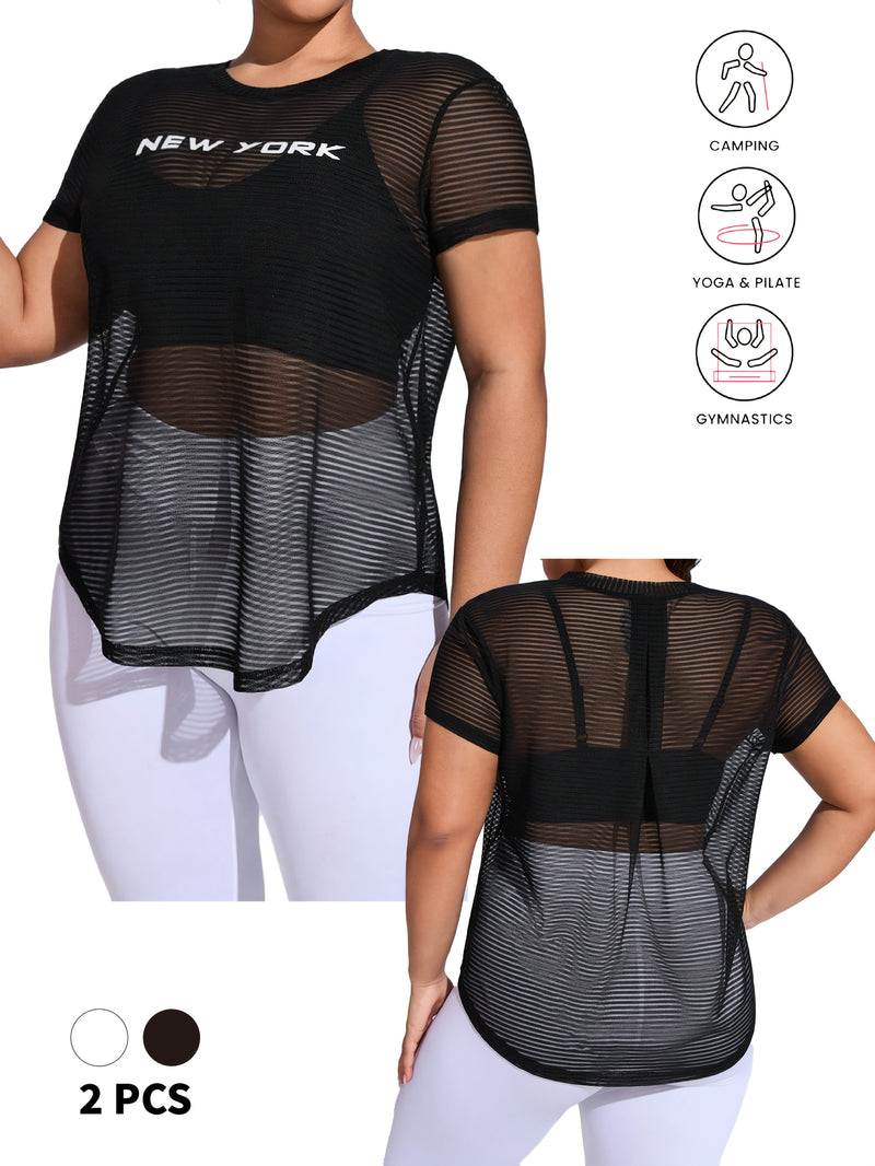 Plus Size Fashion Sports Yoga Letter Print Striped Mesh T-Shirt Two-Piece Set