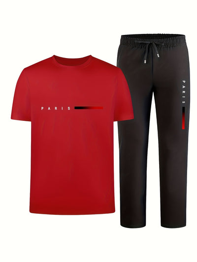 Men'S Casual Sports Two-Piece Set Short Sleeve Top Straight Leg Pants with Paris Print, Fashionable And Trendy, Ideal for Summer, Parties, Casual Outings, And Everyday Wear, Everyday Wear|Short Sleeve Top|Print Trousers