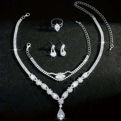 Luxurious and Exquisite High-end Sparkling Water Drop Necklace, Bracelet, Earrings and Ring Set for Bride's Wedding