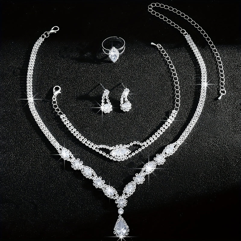 Luxurious and Exquisite High-end Sparkling Water Drop Necklace, Bracelet, Earrings and Ring Set for Bride&