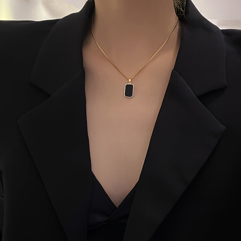 An elegant 18k Golden-plated stainless steel rectangular black pendant necklace, perfect for daily wear and vacation accessories, an ideal Valentine&