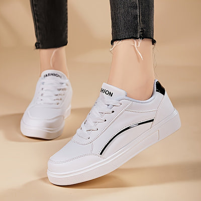 Women's All-Match White Skate Shoes, Casual Round Toe Lace Up Sneakers, Comfortable Low Top Flat Sports Shoes